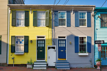 Historic town houses in downtown Annapolis, Maryland, USA. Typical colorful architecture in the capital city of Maryland.