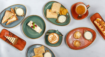 Fast food snacks and desserts isolated for your coffee house menu top view copy space