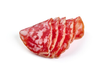 Cured salami sausage, Italian cuisine, isolated on white background.