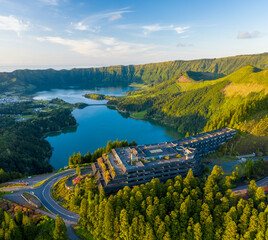 Aerial view of Monte Palace hotel an abandoned building near near Lagoa Verde, Azores, Candelaria, Portugal.