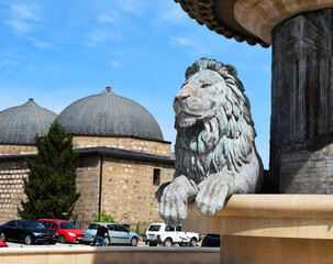 Bronze statue of a lion and a fountain in the center of Skopje (North Macedonia) on the background