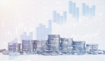 Double exposure of graph and rows of coins for finance, saving,  banking, business concept.