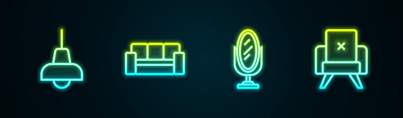 Set line Lamp hanging, Sofa, Mirror and Armchair. Glowing neon icon. Vector