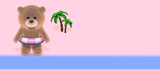 A toy bear with an inflatable ring and goggles stands by the sea on the beach. 3D rendering