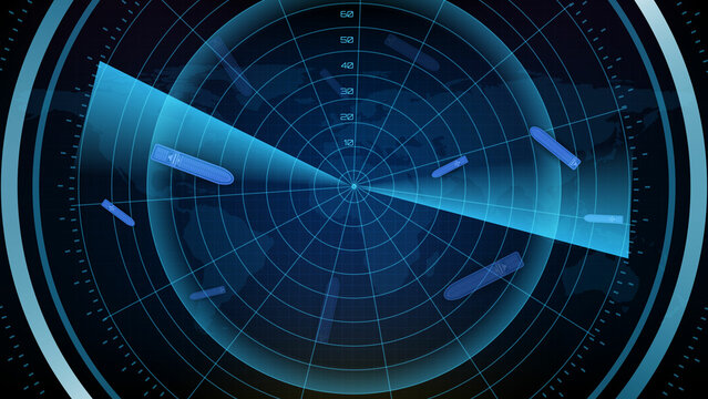 abstract background of futuristic technology screen scan radar shipping cargo ship route path with scan interface hud