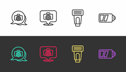 Set line Photo camera, flash and Battery for on black and white. Vector