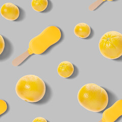Seamless pattern with oranges and ice cream on gray background. Colorful summer background, texture. Top view. Eye-catching design. 3d rendering.