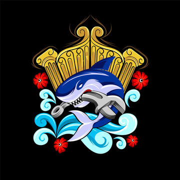 shark mascot logo with royal gate concept