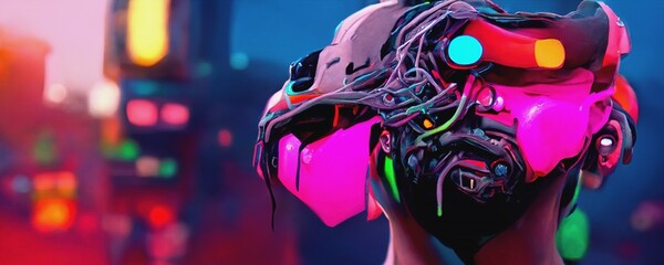 A cyborg with a glowing face-screen looks directly into the background of a blurred cyberpunk landscape in bright neon colors. Futuristic 3D illustration