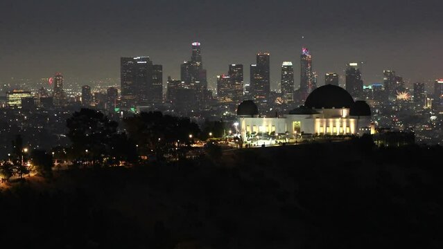 Fourth of July Fireworks in Los Angeles at the Griffith Observatory with the Los Angeles skyline in the distance