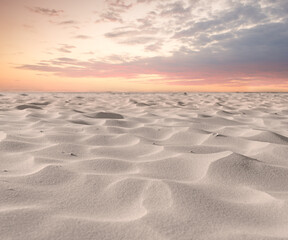 Beach sand dunes in nature with moody twilight sky background and copyspace. Closeup of a scenic...