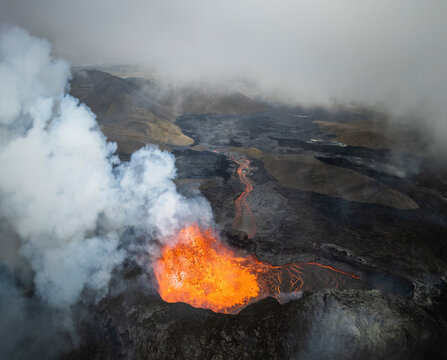 Aerial view of Fagradalsfjall Volcano during eruption, Iceland.