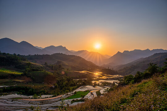 Sunset on terraced fields in Lao Cai, Vietnam. High quality photo