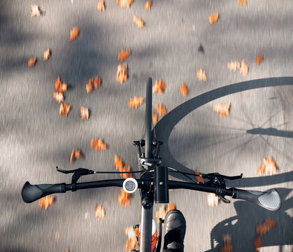 Top view of cyclist riding on road bike on asphalt road with autumn leaves. Motion blur.