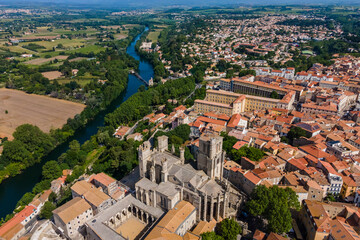 Aerial view of Saint Nazaire cathedral in Beziers, France.