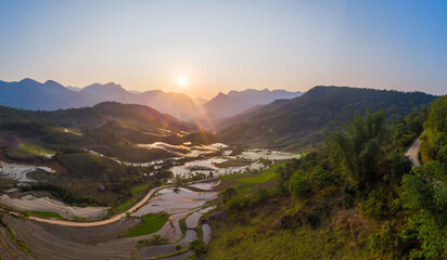 Sunset on terraced fields in Lao Cai, Vietnam. High quality photo