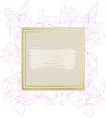 botanical minimalism line art leaves vector frame with golden borders and textured brush stroke
