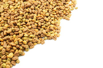 Dog food, kibble on a white background