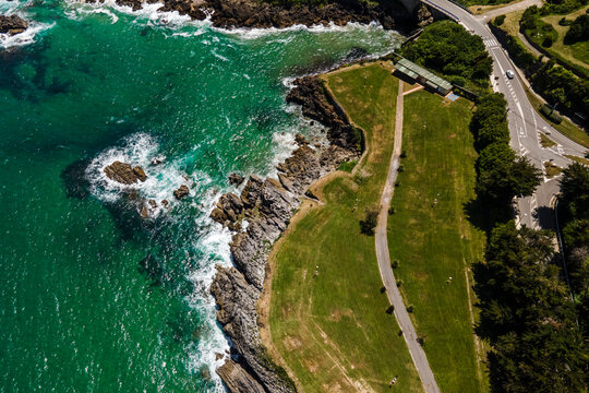 Aerial view of the wild coastline in Comillas, Cantabria, Spain.