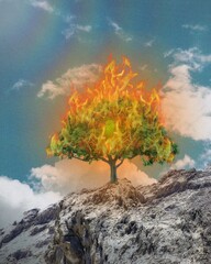 burning tree, sky, nature,