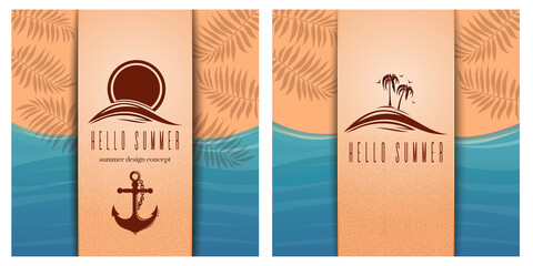 Summer design set. Beach background paper art. Hello summer. Vector illustration