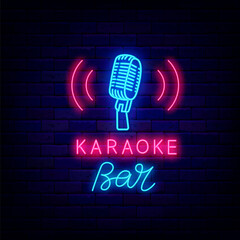 Karaoke bar neon label. Blue microphone icon. Talent show. Light sign. Night club logo. Vector stock illustration - obrazy, fototapety, plakaty