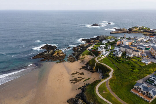 Aerial view of the wild coastline in Tapia de Casariego, Asturias, Spain.