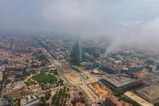 Aerial view of Torre Glories, a landmark skyscraper in Barcelona downtown, Catalunya, Spain.
