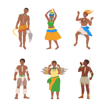 Native Indigenous African People In National Clothes Set Vector Illustration