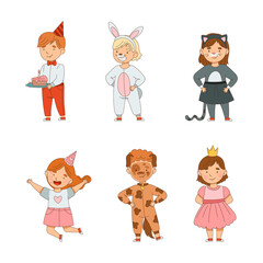 Boys and girls in carnival costumes set. Happy boys and girls dressed as bunny, cat, dog, princess cartoon vector illustration