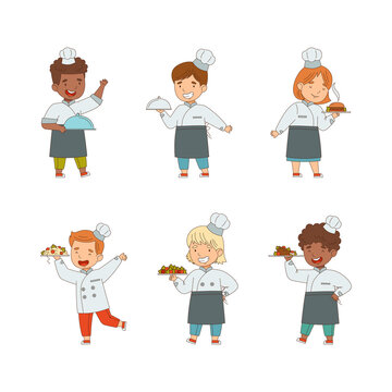 Set of chef kids in professional uniform. Little boys and girls cooking tasty dishes cartoon vector illustration