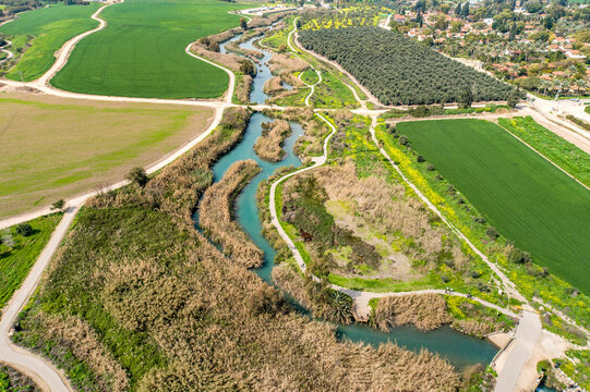Aerial view of cultivated fields with hills in the background and Kibbutzim Stream, Nir David, Northern District, Israel.