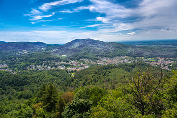 View of the spa town of Baden Baden and the Black Forest. Seen from the old castle Hohenbaden. Baden Wuerttemberg, Germany, Europe