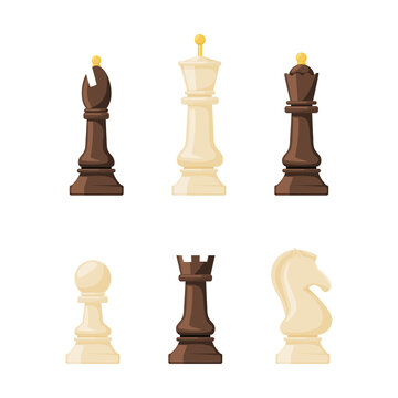 Collection of chess black and white pieces. Bishop, queen, king, knight, rook, pawn vector illustration