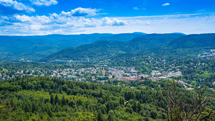 View of the spa town of Baden Baden and the Black Forest. Seen from the old castle Hohenbaden. Baden Wuerttemberg, Germany, Europe - obrazy, fototapety, plakaty