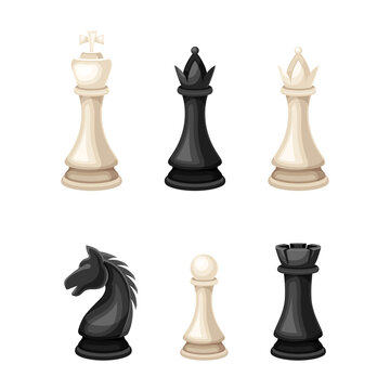 Collection of chess black and white pieces. Queen, king, knight, pawn piece vector illustration