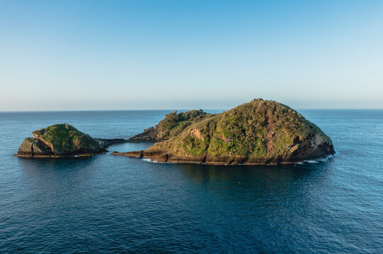 Aerial view of the small, volcanic island Vila Franco do Compa at sunrise, Sao Miguel, Azores, Portugal.