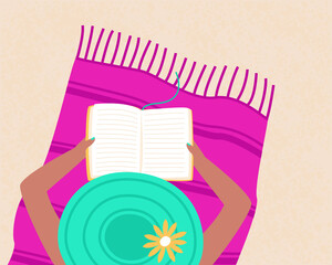 Banner with a girl in panama reading a book on the sand. The concept of reading books on vacation. Banner for advertising books. Flat vector illustration