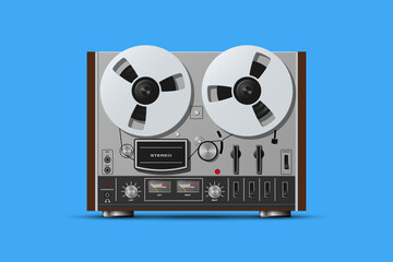 Vintage reel to reel tape recorder realistic vector illustration isolated on blue background.
