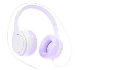 Headphones for listen music, dj audio headset isolated on white background. Purple white stereo earphones with wire, accessory with sound speakers, angle view. Realistic 3d render, mockup ad banner