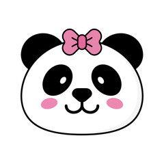 Cute panda girl face with a bow on a white background