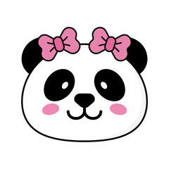 Cute panda girl face with two bows on a white background