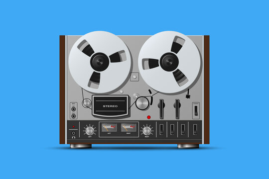 Vintage reel to reel tape recorder realistic vector illustration isolated on blue background.