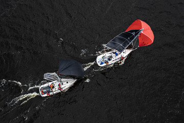 Kaunas, Lithuania - 14 May 2022: Aerial view of yachts moored in local marina.