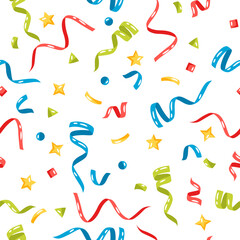 Fototapeta premium Seamless pattern with color confetti and streamers. Decoration for celebration.