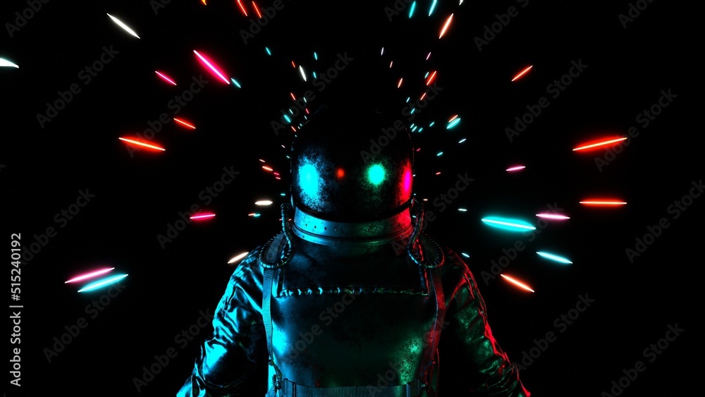 Wall mural astronaut in neon rays. cosmonaut in spacesuit. weightlessness. galaxy.