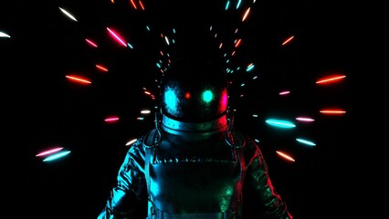 Astronaut in neon rays. Cosmonaut in spacesuit. Weightlessness. Galaxy.