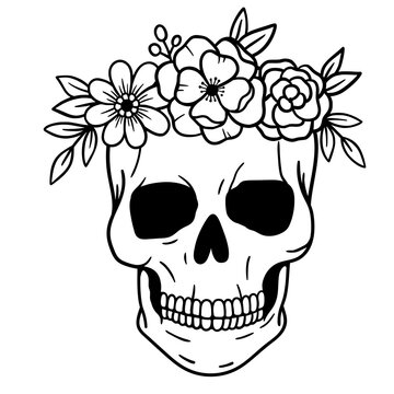 recommend clip art: Skull with flowers, with roses. Human skull portrait with flower crown. Vector illustration isolated on white background. Sugar skull floral print for Halloween.