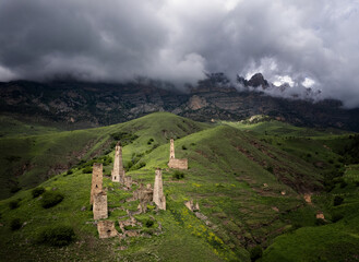 Ancient towers of the Dzheyrakh gorge in summer