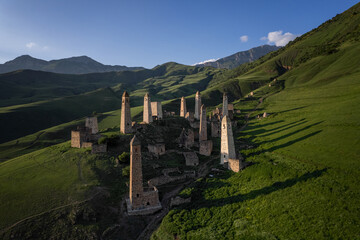 Ancient towers of the Dzheyrakh gorge in summer